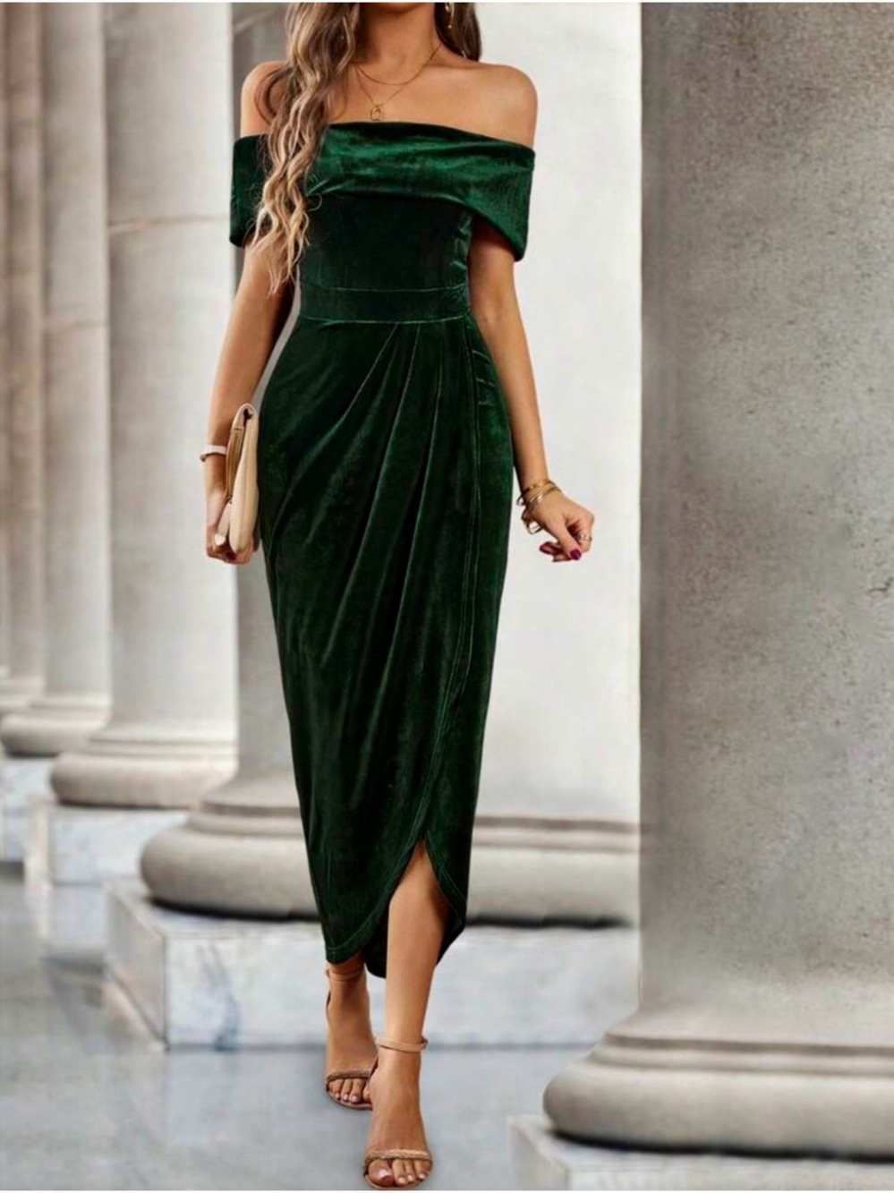 SHEIN Off-Shoulder Dark Green Velvet Midi Dress